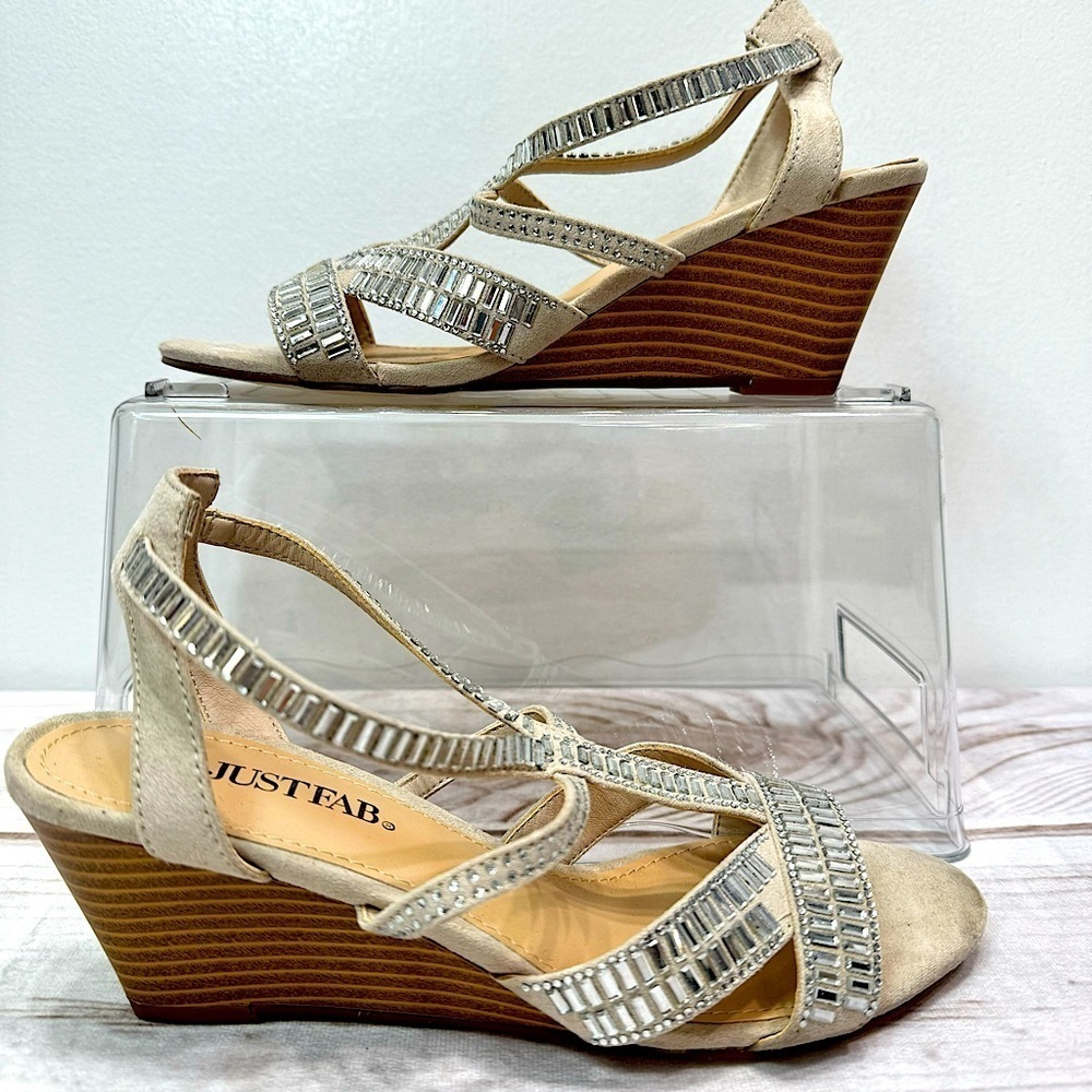 Just Fab Lilian Beige Strappy Wedge Sandals with Mirror Rhinestones Size 6
